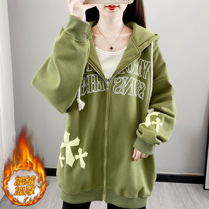 卫衣外套少女秋冬装宽大ins潮牌初中高中学生开衫加绒加厚上衣服