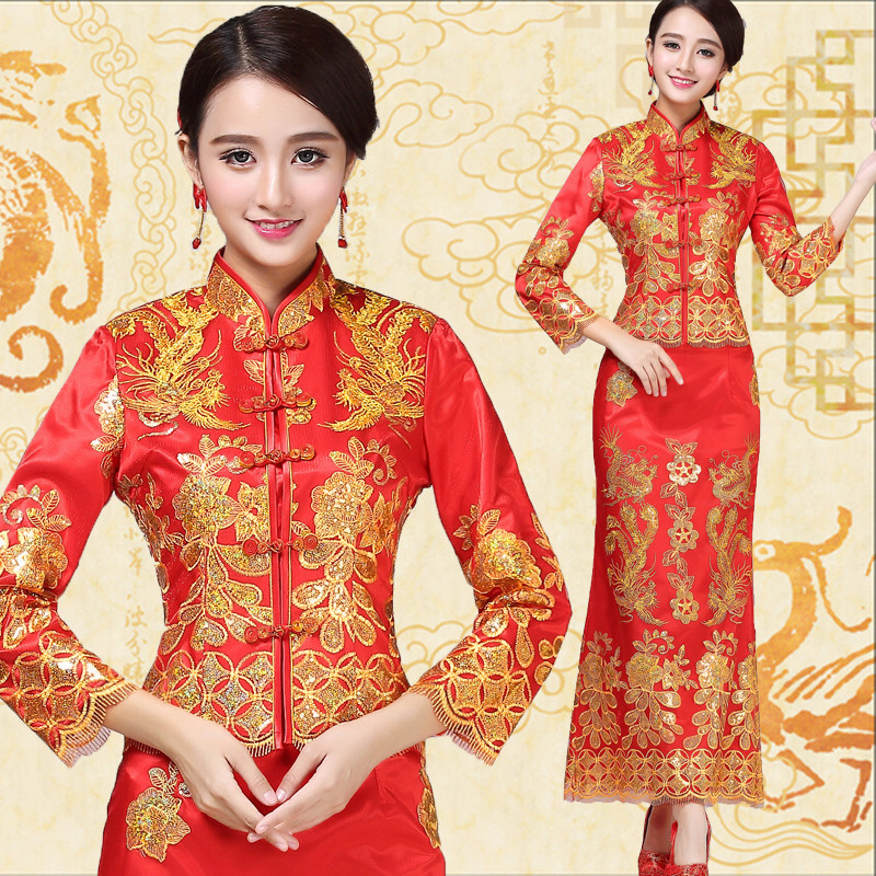 新娘旗袍秋冬天装敬酒套装长款结婚礼服中式嫁衣女复古红修身龙凤