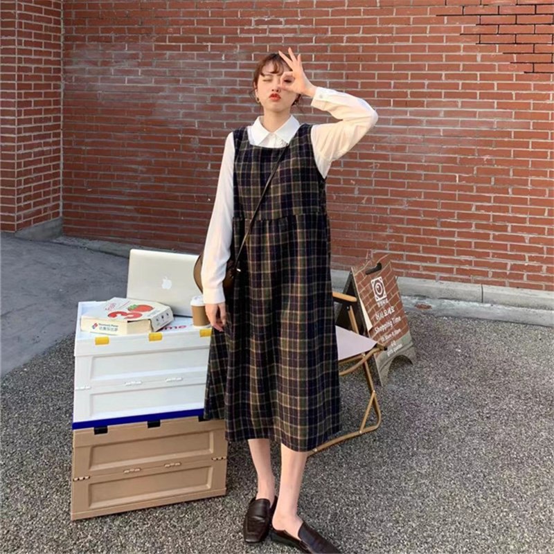 Real price ~ tweed Plaid Dress women's 2021 waist slim Retro Mid length over knee vest skirt