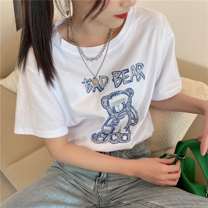 實價實拍 美式小熊卡通短袖T恤女夏季韓版寬鬆港味慵懶風上衣ins