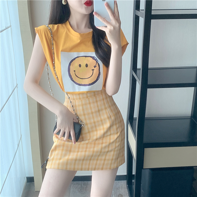 Real price new fashion design with shoulder sleeve smiling face top + high waist and thin buttock skirt