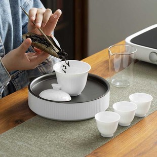 礼普甜白陶瓷竖纹茶具高档茶盘玻璃茶海盖碗品茗茶杯礼品定制logo