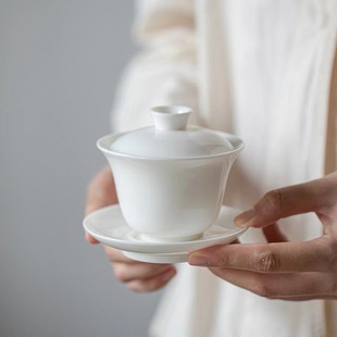 礼普羊脂玉纳福三才盖碗茶杯高档陶瓷泡茶碗白瓷功夫家用茶具套装