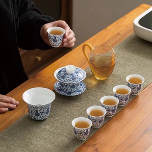 家用会客茶海盖碗茶杯礼品定制logo 礼普甜白陶瓷青花初夏茶具套装