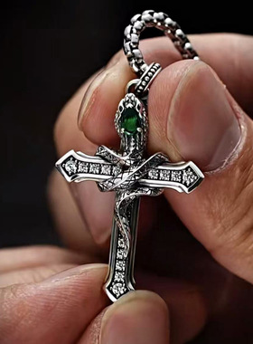 欧美复古腾蛇十字架藏银项链男女个性本命年小众嘻哈暗黑吊坠挂饰