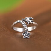 复古狐狸桃花泰银戒指女士个性 灵狐动物小花古风开口藏银指环礼物