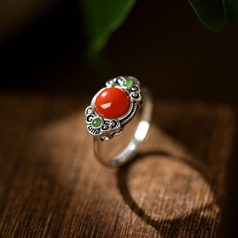 国潮复古吉祥如意玛瑙藏银戒指女士个性卷云花边开口饰品指环礼物