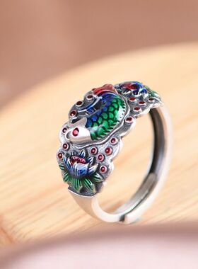 国潮复古珐琅锦鲤鱼莲花泰银