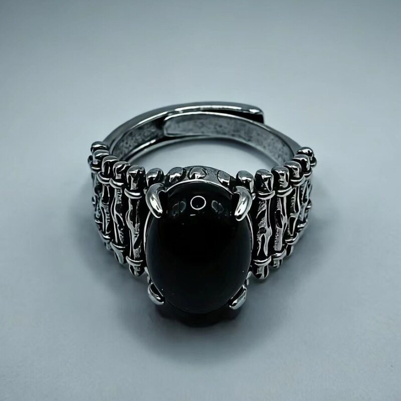 欧美复古栅栏椭圆黑玛瑙藏银戒指女士个性开口可调节情侣指环礼物