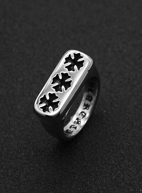 复古三十字花印章藏银戒指