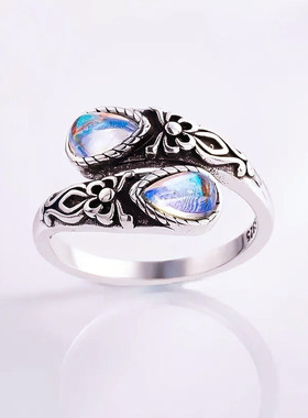 欧美复古月光石藏银戒指