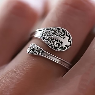 欧美复古信仰十字藏银戒指男女个性简约开口饰品情侣素银指环礼物