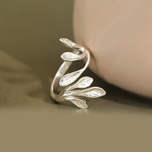 欧美复古橄榄树叶藏银戒指女士法式轻奢开口饰品素银指环闺蜜礼物