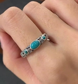 蒙古元 素花纹点缀祥云松石玛瑙泰银戒指男女椭圆开口饰品藏银指环