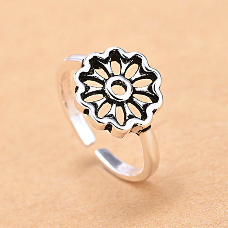 日韩复古缕空花朵藏银戒指女士时尚个性开口饰品尾戒素银指环礼物