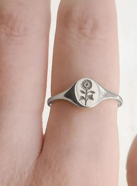 日韩复古简约花卉印章藏银戒指女士向日葵图案小清新尾戒指环礼物