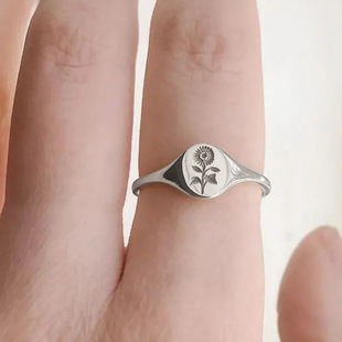 日韩复古简约花卉印章藏银戒指女士向日葵图案小清新尾戒指环礼物