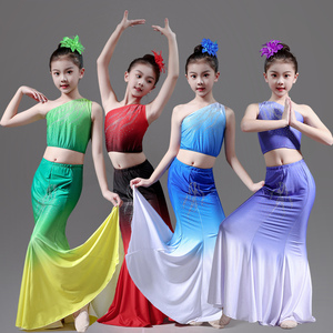 新款女童傣族舞蹈服艺考表演服孔雀舞演出服裙鱼尾裙练功舞蹈服装
