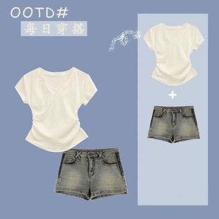 夏季新款中大童短袖女童韩系儿童套装学生牛仔短裤修身显瘦裤子女