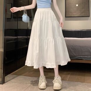 白色半身裙女夏季2025新款春夏褶皱长裙a字伞裙仙女中大童蛋糕裙