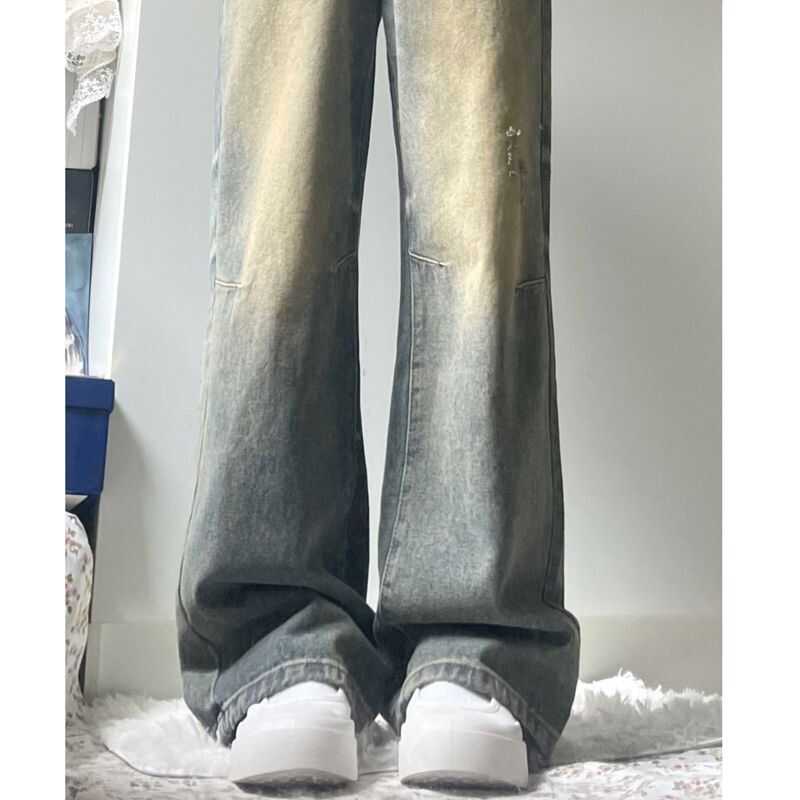 美式复古做旧高腰直筒牛仔裤女中大童宽松显瘦阔腿拖地长裤ins潮