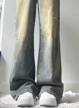 美式复古做旧高腰直筒牛仔裤女中大童宽松显瘦阔腿拖地长裤ins潮