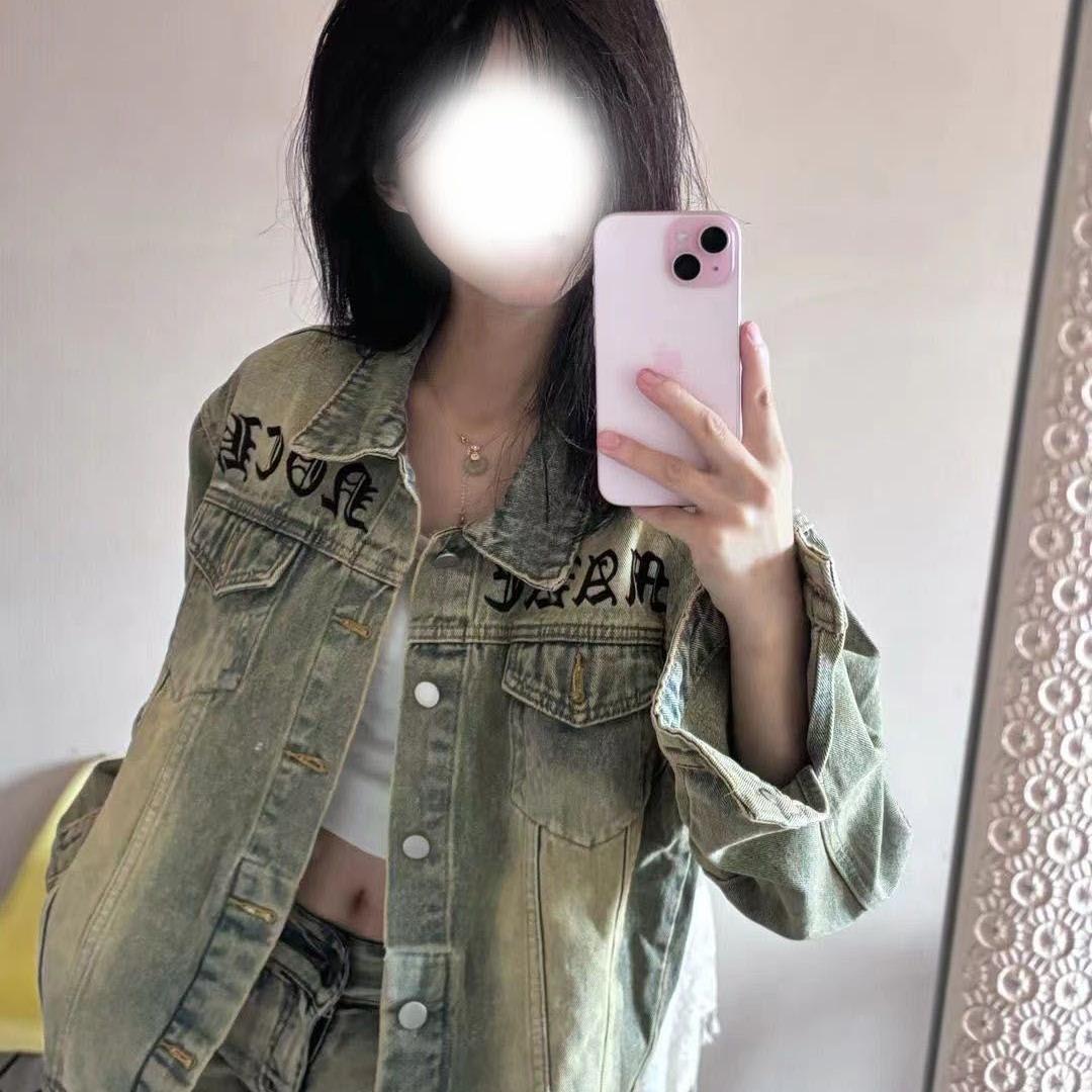 黄泥染chic牛仔外套中大童2024街头美式复古做旧宽松百搭夹克上衣