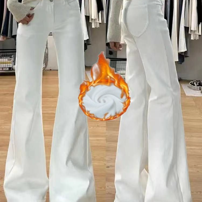 加绒加厚中大童白色牛仔裤新款微喇小个子显瘦拖地喇叭马蹄裤子女