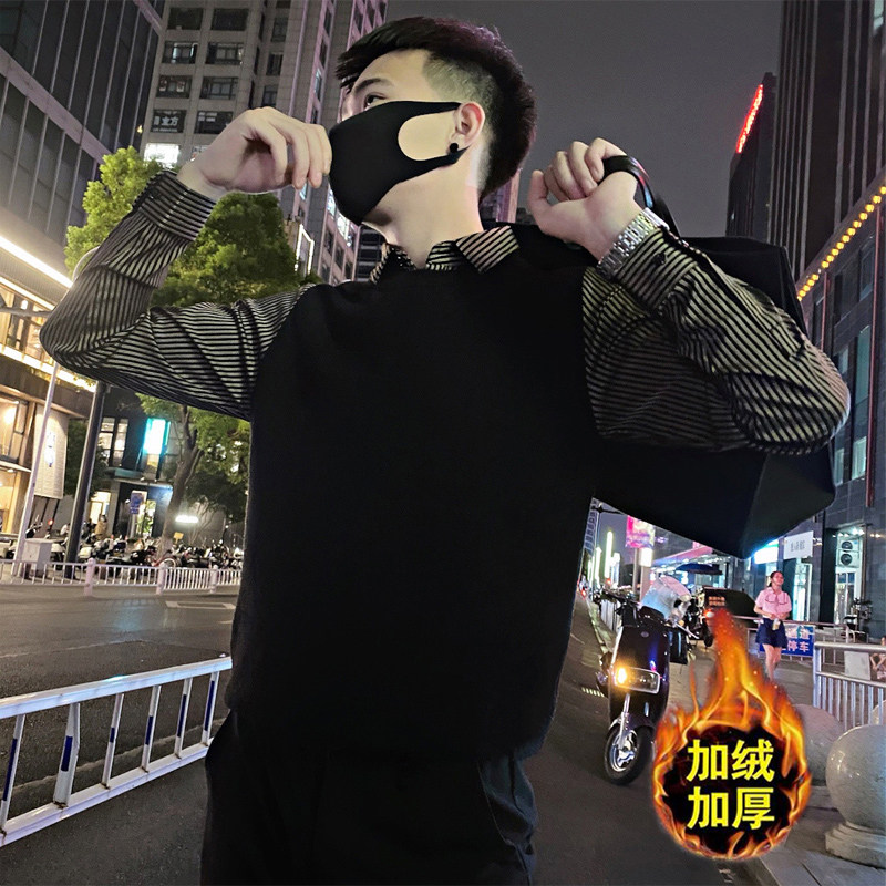 矮个子小码男士假两件毛衣冬装休闲条纹衬衫领男装上衣加绒针织衫