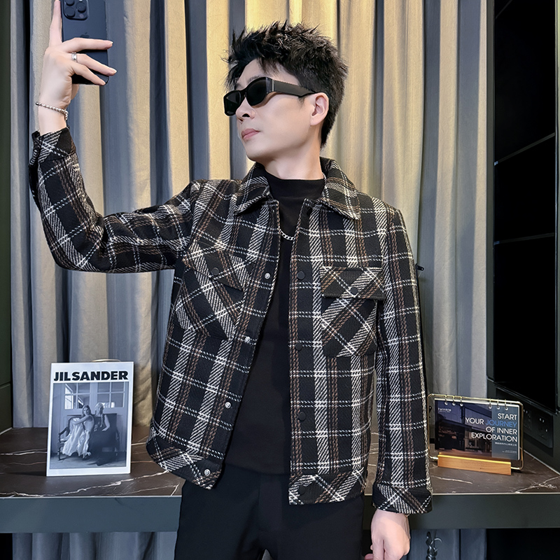 秋冬装小码短款毛呢外套男155厚夹克S号XS码修身休闲格子妮子上衣
