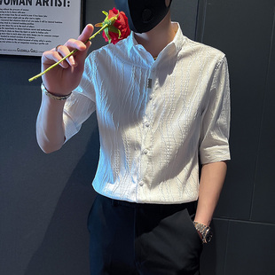 中性XS小码S小码中袖衬衫男春夏155矮小个子休闲七分袖衬衣