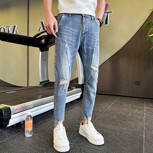 潮牌夏季 男矮小个26号27小码 痞帅修身 小脚裤 小码 九分裤 破洞牛仔裤