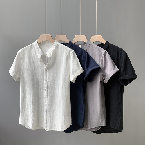 S号XS小码纯色短袖衬衫男宽松T恤寸衫矮个子155百搭休闲棉麻衬衣