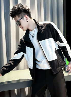 小码男装撞色拼接外套155瘦人矮个子XS号S款160秋装夹克衫短上衣