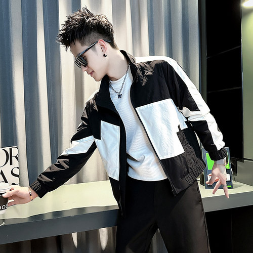 小码男装撞色拼接外套155瘦人矮个子XS号S款160秋装夹克衫短上衣