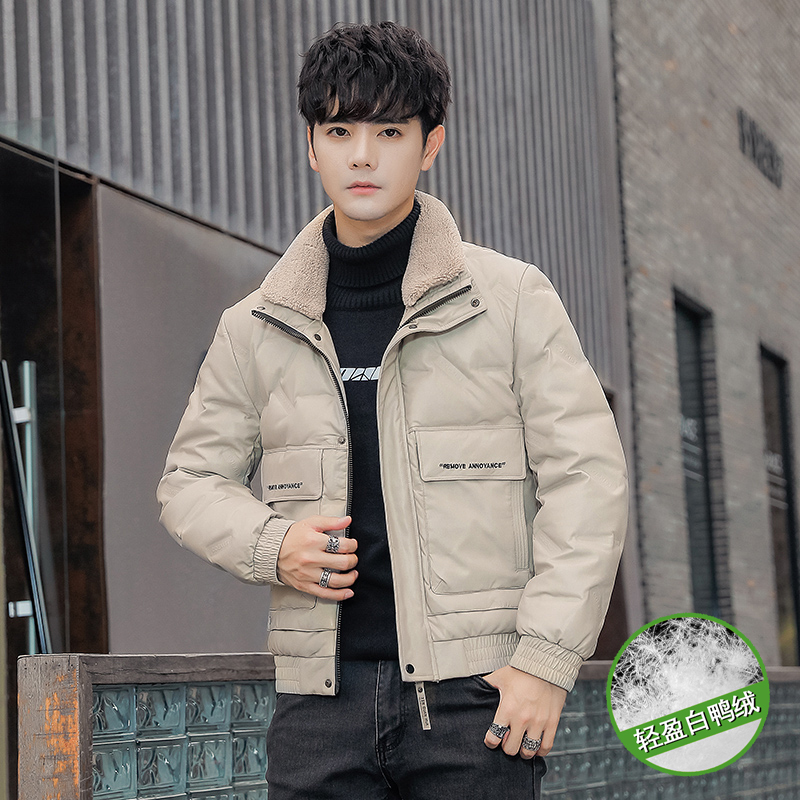 冬季小码加厚保暖皮羽绒服男矮个子S号XS潮流羊羔毛领羽绒外套160