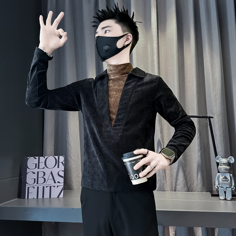 小码男装矮小个S号XS假两件T恤男长袖拼接设计感半高领修身打底衫