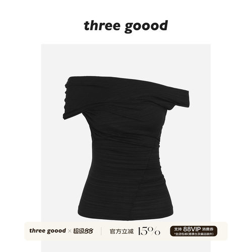 THREEGOOOD斜肩褶皱显瘦T恤