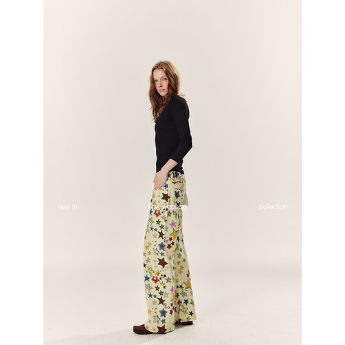 THREE GOOOD殷三吉 高克重全棉五角星印花星星直筒牛仔裤