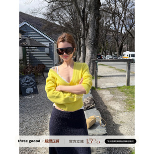 THREE GOOOD殷三吉 绵羊毛大V领毛织上衣女秋休闲慵懒百搭针织衫