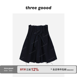饰百褶毛呢半身裙甜妹 深巷裙角立体蝴蝶结装 THREE GOOOD殷三吉