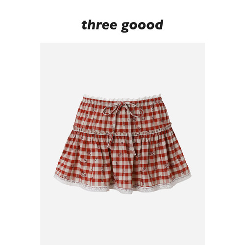 THREEGOOOD碎花红格子半身裙