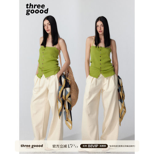 THREEGOOOD无腰褶皱阔腿牛仔裤