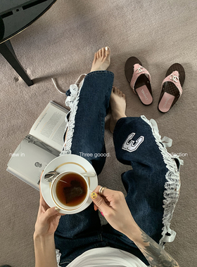 THREE GOOOD殷三吉设计感时尚休闲百搭重工蕾丝牛仔裤Y725K00117