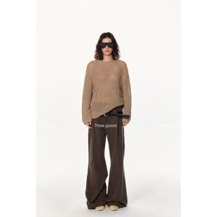 阔腿裤 THREE GOOOD殷三吉咖色百搭不规则腰部花苞设计休闲长裤