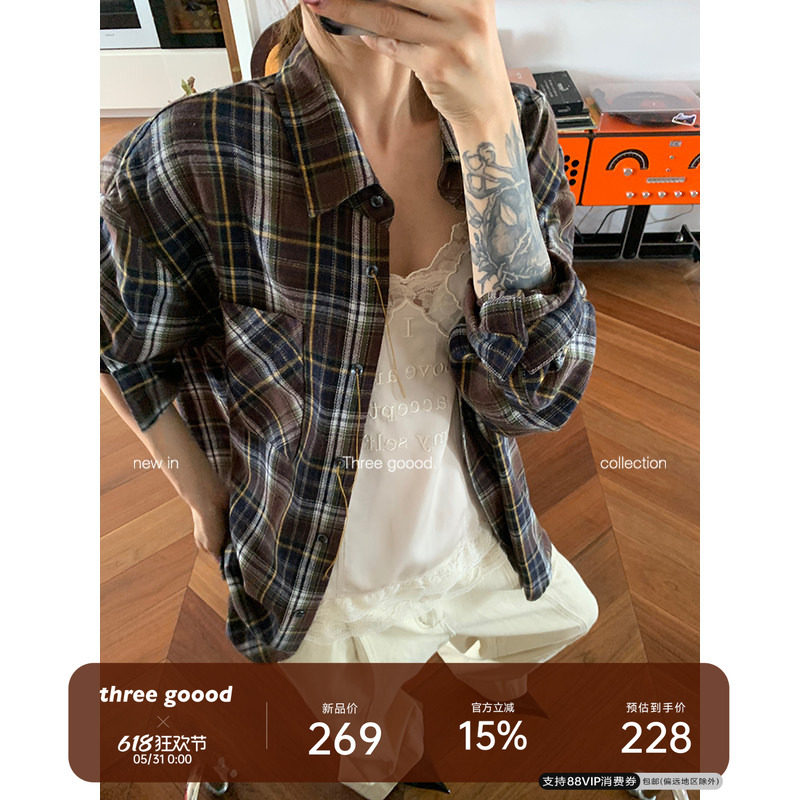 THREE GOOOD殷三吉 回忆胶卷 纽扣撞色流苏设计格子衬衫