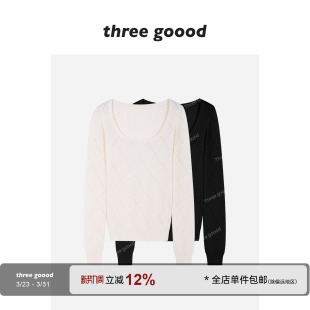 针织衫 THREE 修身 轻熟御姐U领菱格镂空长袖 优雅魅力 GOOOD殷三吉