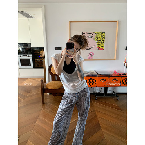 挂脖式撞色假两件坎肩T恤上衣