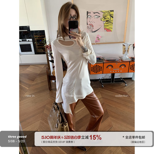THREE GOOOD殷三吉镂空不规则下摆撞色线长袖T恤上衣女小众设计感