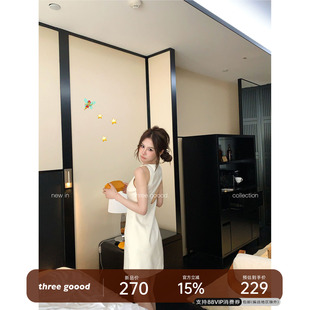 THREE GOOOD殷三吉 柔光哑光无袖短款蝴蝶结系带露背显瘦连衣裙